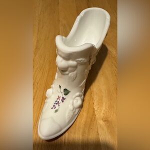 Vintage, Fenton, Art Glass, Milk Glass Rose Shoe Slipper Boot Hand Painted